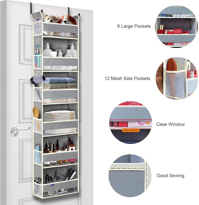 Over The Door Organizer 6-Shelves and 12 Side Pockets, Over The Door Storage for Bathroom Bedroom Nursery, Hanging Door Organizers for Baby Diapers and Kids Toys (13"x5"x54", Grey) - Image 4