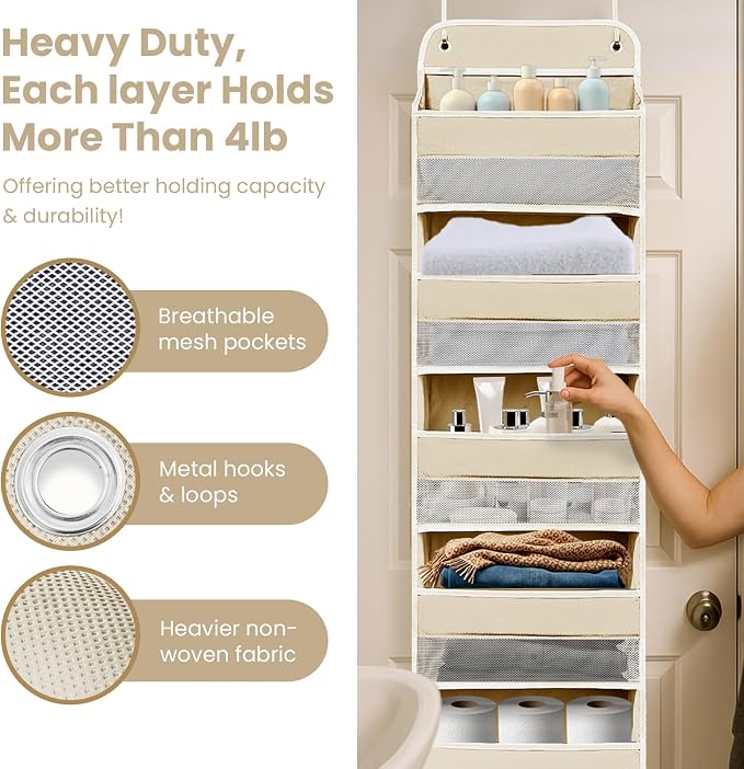 Space Saving Over The Door Organizer,5 Shelves & 8 Side Pockets,Anti Tilt Hanging Behind Door Storage,Heavy-Duty Reinforced Mesh Rack Holds 44lb for Bathroom,Pantry, Nursery,Closet, Shoes, Towels - Image 3