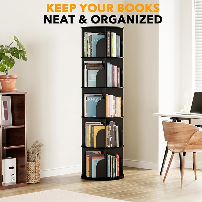 SpaceAid 5 Tier Rotating Bookshelf Tower, Spinning Bookcase Lazy Susan, Revolving 360 Book Shelf Storage Round Carousel, Vertical Rotate Turning Spiral Corner Organizer, Black - Image 6
