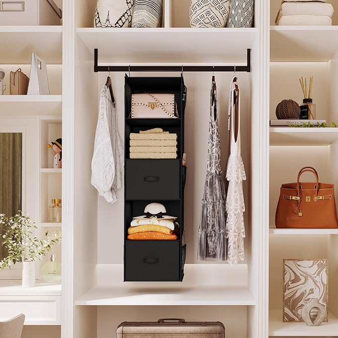 YOUDENOVA Hanging Closet Organizer, Hanging Shelves with Drawers, Black | Closet Organizers and Storage with 6 side pockets, Foldable Storage for Clothes, Socks, Underwear & More, Breathable Fabric - Image 2
