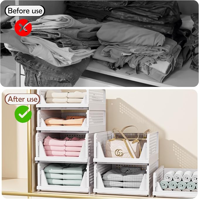 4 Pack Folding Closet Organizers Storage Box, Stackable Storage Bins, Plastic Drawer Basket Closet Storage for Wardrobe Cupboard Kitchen Bathroom Office White-4L - Image 5