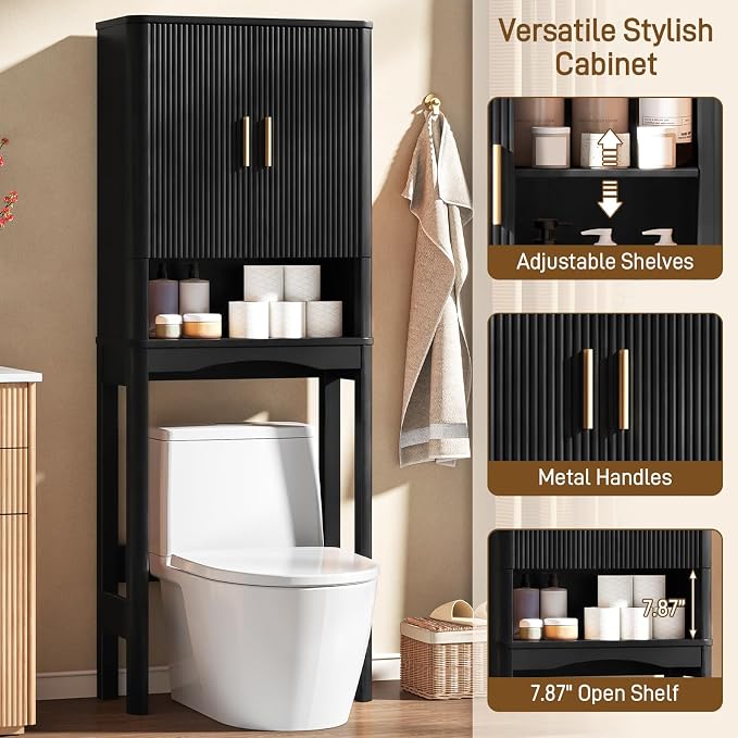 Vabches Farmhouse Over the Toilet Storage Cabinet with 2 Fluted Doors,Black - Image 4