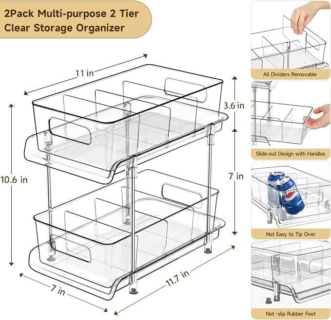 HIHEGD 2-Tier Bathroom Organizer with Dividers, Clear Under Sink and Pull-Out Cabinet Organizer for Kitchen and Pantry Storage - Image 3