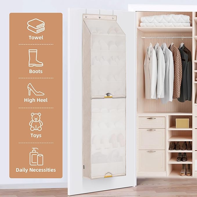 STORAGE MANIAC Over the Door Shoe Organizer with Curtain Dustproof Heavy-Duty Large Deep Pocket Hanging Shoe Organizer for Closet Dorm & Narrow Door Storage Shoe Holder Shoe Rack, 9-Shelf Beige 1 Pack - Image 5