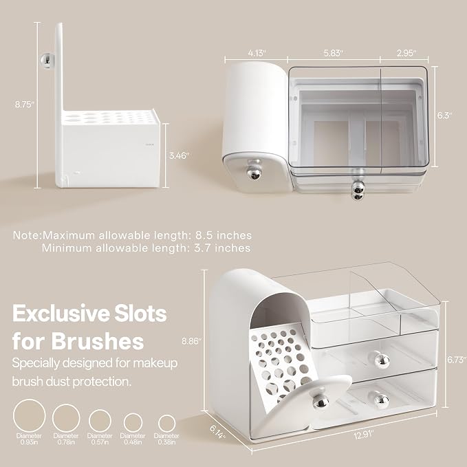 HBlife Makeup Organizer Countertop with Drawers, Vanity Organizers with Brush Holder, Bathroom Counter Organizer for Perfume, Nail Polishes, Lipsticks, Skincare and Eyeshadow Palettes, White Sliver - Image 3