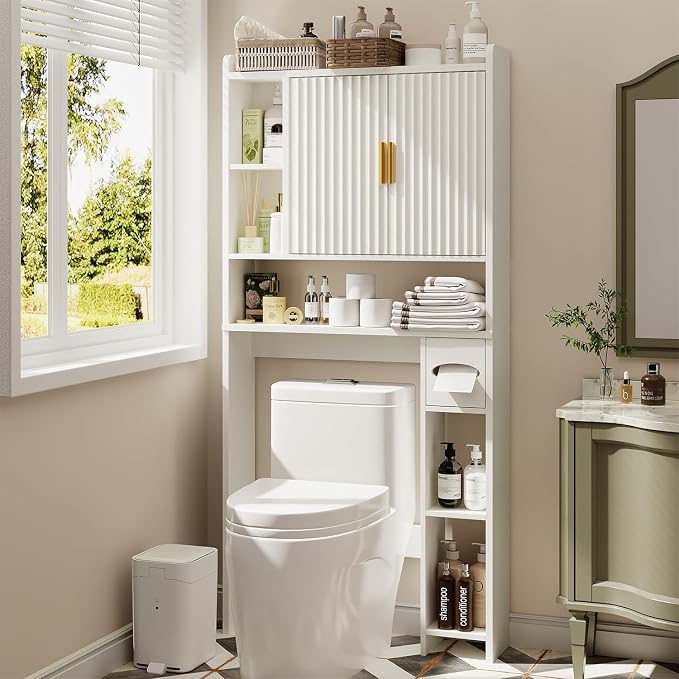 knoworld Fluted Over The Toilet Storage Cabinet, Above Toilet Bathroom Organizer with Toilet Paper Holder, Modern Behind Toilet Cabinet, Space Saver for Restroom, Bathroom, Laundry, White by KNOWORLD