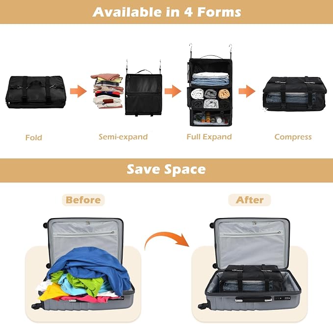 Surblue Hanging Shelves Travel Storage Bag Compression Packing Cube for Suitcase Portable Closet Organizer Collapsible with Extension Layer Large Capacity,Black,XXL - Image 3
