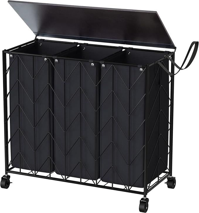 WOWLIVE Laundry Hamper 3 Section with Lid, 142L Laundry Basket with Wheels by WOWLIVE