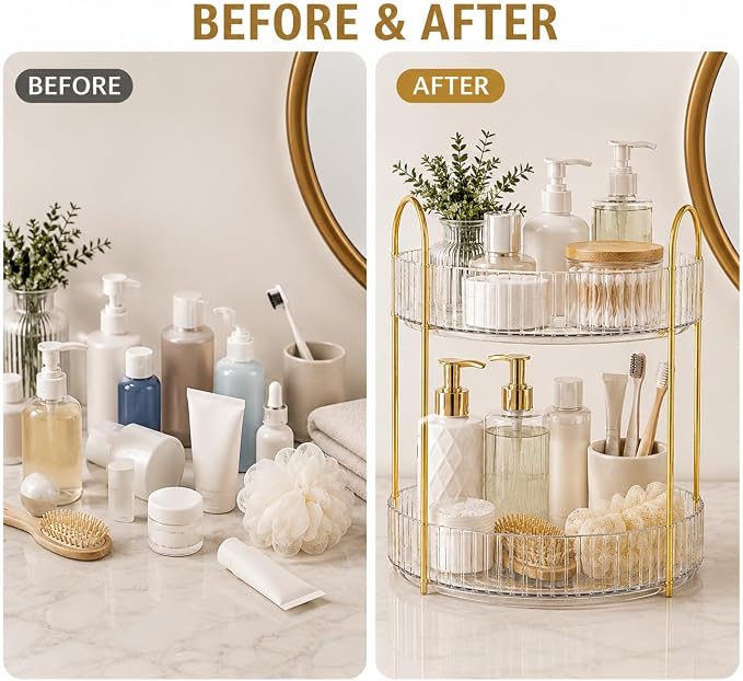 360° Rotating Organizer, Lazy Susan Bathroom Counter Organizer for Perfume, Skincare, Makeup & Cosmetic Storage, Vanity Countertop Organizer, Clear, 2-Tier - Image 7