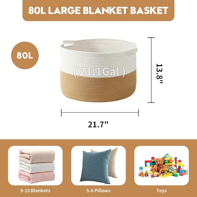 Foldable Laundry Hamper Basket with Collapsible Handle Cotton Rope Soft Woven Fabric Storage Organizer Clothes Toys Nursery Bedroom Dorm Space Saving Bin (White & Camel, 80L(21.7"D x 13.8"H)) - Image 5