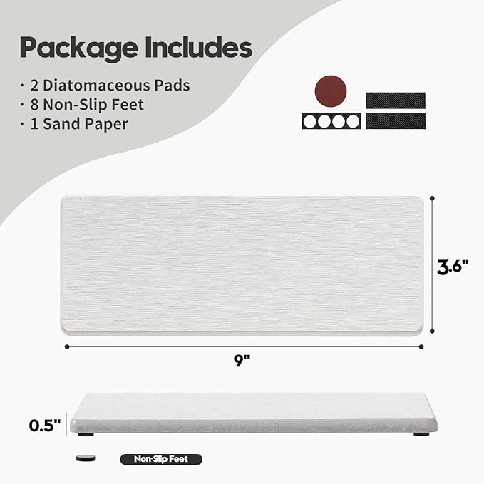 2PCS Beige Bathroom Sink Vanity Trays, Water Absorbing Diatomite Stone Drying Soap Dish Dispenser for Kitchen Counter, Sponge Holder Mat Rack Faucet Splash Guard Caddy Organizer, 9"x3.5" - Image 2