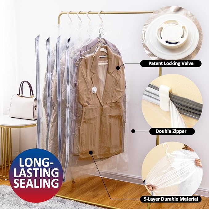 Hanging Vacuum Storage Bags, Space Saver Vacuum Seal Bag for Cloth, 6 Combo | Vacuum Seal Bags for Clothing, Hanging Garment Storage for Jackets, Suits, Dresses, Winter Clothes Storage Closet Organizer - Image 5