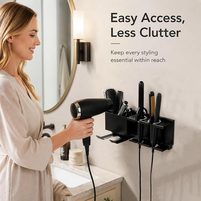 Hair Dryer Holder Wall Mounted, Include Adhesive Strip and Screw Mounting Kits, Hair Tool Organizer Wall Mount for Bathroom, Universal Hair Dryer Holder Rack Storage for Blow Dryer, Curling Iron - Image 9