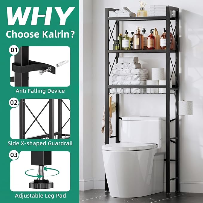 Kalrin Over The Toilet Storage with X Shape Side Guardrail, 3-Tier Over Toilet Storage Rack with Drain Basket, Freestanding Bathroom Organizer for Balcony Laundry, Oak Grey - Image 4