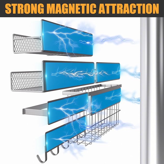 DTUQYX Laundry Organizer with Hanger 6-Pack, Magnetic Shelves for Washing Machine, Magnetic Refrigerator Shelves, Magnet Holder & Baskets, Metal Storage System for Laundry Room, Grey - Image 3