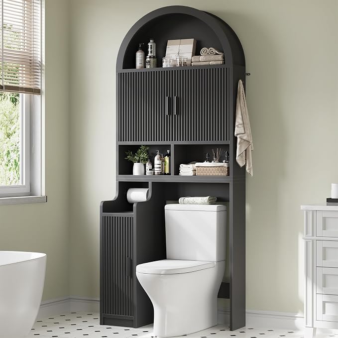 Itaar Arched Over The Toilet Storage Cabinet, 78.7" H Fluted Bathroom Organizer with Reversible Side Cabinet, Adjustable Shelves, Anti-Tipping, Hooks & Paper Holder for Bathroom Laundry Room, Black by Itaar