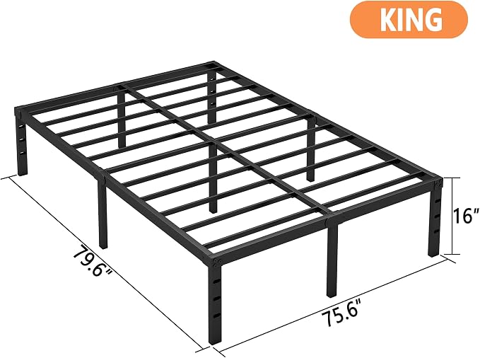 Hafenpo 16 Inch King Bed Frame - Sturdy Metal Platform King Size, No Box Spring Needed, Heavy Duty, Easy Assembly, Strong Bearing Capacity, Under Bed Storage, Black - Image 3