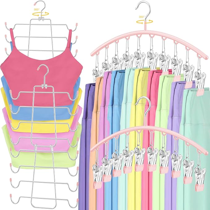 TomCare 4 Pack Space Saving Hangers, Tank Top and Leggings Organizers | 360° Swivel Design, 20 Clips for Leggings and Yoga Pants, Stainless Steel Hanging Closet Organizer by TomCare