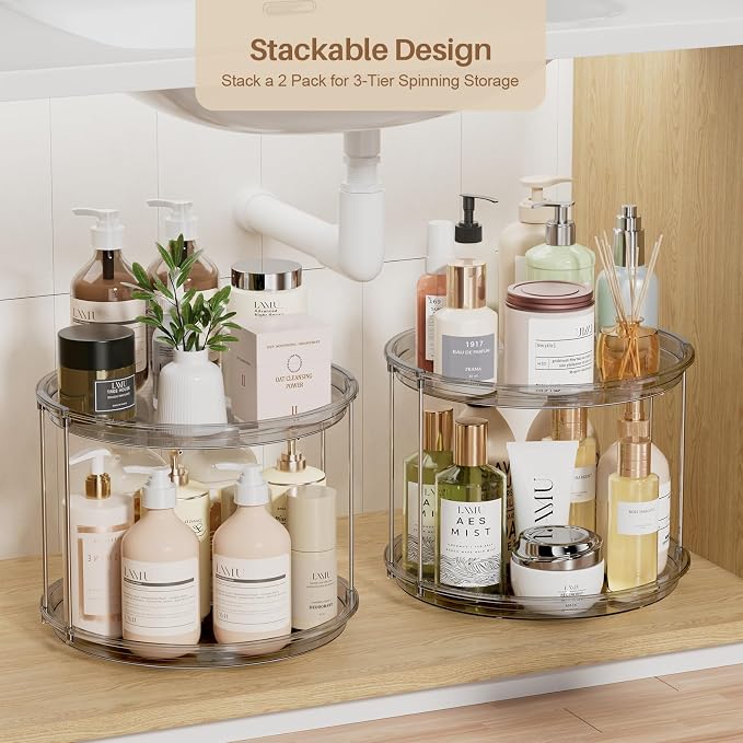LAMU 2Pack 2 Tier Lazy Susan Organizer 12 inch Large Lazy Susan Turntable Rotating Spice Rack Organization for Cabinet, Kitchen, Pantry, Countertop, Bathroom, Vanity, Medicine Cabinet Organizer, Grey - Image 4