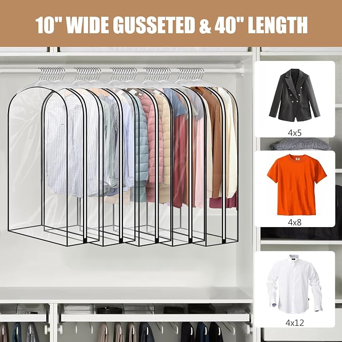 5 Pack 40" All Clear Garment Bags for Hanging Clothes Storage, 10" Gusseted Large Capacity Garment Rack Cover, Large Hanging Clothing Bag for Dress Gowns, Coats, Suit, Down Jacket - Image 2