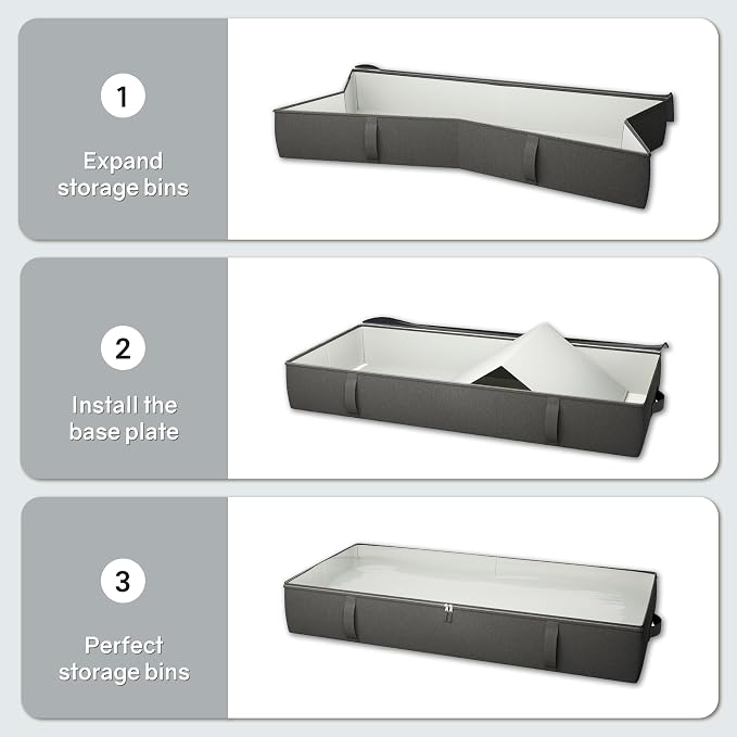 2-Pack Under Bed Storage Containers, 6 Inches Tall Clothes Storage, Black | High Side Collapsible Underbed Organizer Bin with Sturdy Sidewalls/Bottom, Cotton Linen Bins, For Seasonal Clothes & Bedding - Image 8