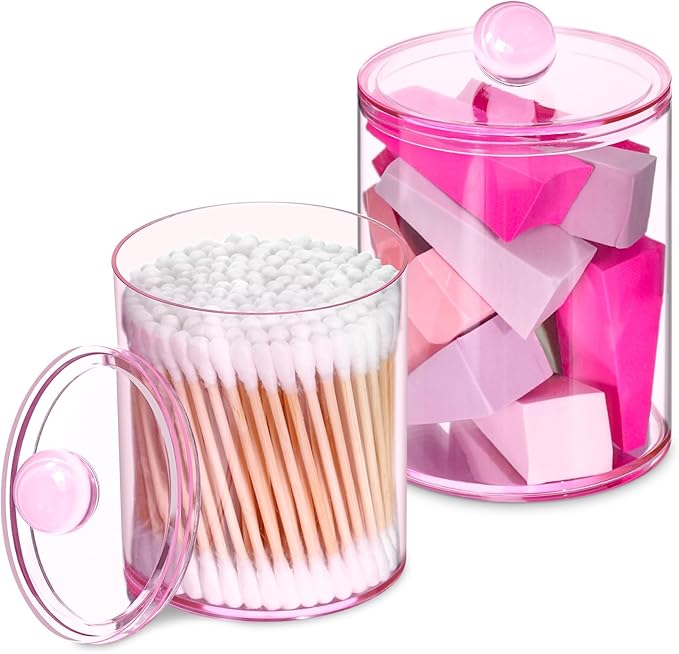 2 Pcs Acrylic Qtip Holder, Cotton Ball Holder Jars with Lids, Pink by XIPENGKEJI