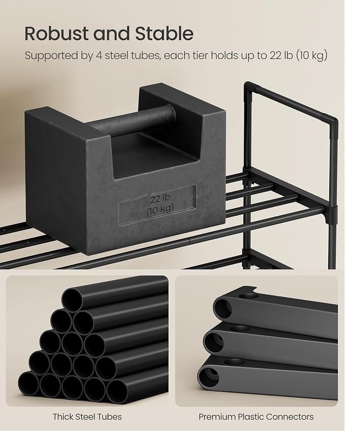 SONGMICS Shoe Rack, 4-Tier Shoe Organizer, Metal Storage Shelf | for Entryway, Upright or Upside Down, for 25-30 Pairs, Stackable, 11.8 x 46.1 x 28.4 Inches, Black ULSA034B01 - Image 7