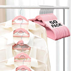 Velvet Felt Stackable Hangers 50 Pack, Thin & Space Saving, Pink | Non Slip, 15Lbs Capacity Heavy Duty With 360° Swivel Hook, Shoulder Notches, No Shoulder Bump, for Coat Suit Shirt Dress by UEAKPIC