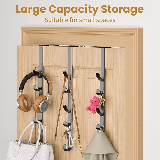 Kaiferty Over the Door Hooks, Metal Door Hooks for Hanging, Over the Door Purse Organizer for Coat Hanger, Back of Shower Door for Hanging Towel Rack Clothes, Hat, Bathroom, Closet (Black-3Packs) - Image 3