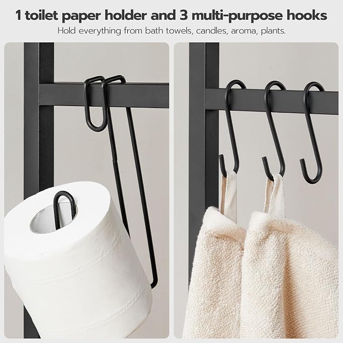 HOOBRO Over-The-Toilet Storage, 2-Tier Bathroom Organizer Over Toilet, Bathroom Shelves with Toilet Paper Holder and Hooks, Freestanding Storage Shelf, Space Saver, Greige and Black BG49TS01 - Image 9