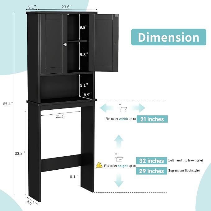 Shintenchi Over the Toilet Storage Cabinet, Bathroom Shelf Organizer with Anti-Tip Device Small Freestanding Space Saver with Adjustable Shelf，Black - Image 2