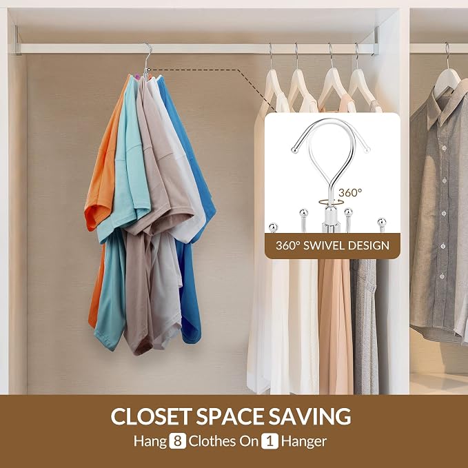 ZEDODIER Space Saving Hangers for Clothes,Rotatable Sturdy Shirt Hangers with 8 Hooks, Non Slip Multiple Shirt Organizer for T-Shirts Sweatshirts Hoodies, Silver - Image 3