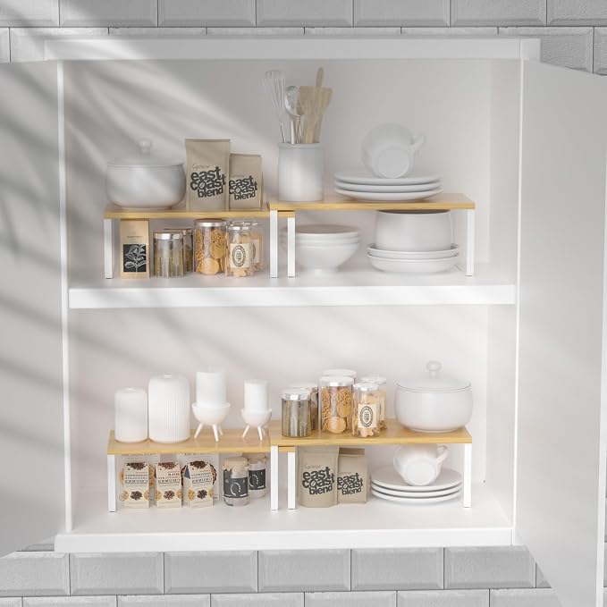 NEX Kitchen Cabinet and Counter Shelf Organizer, Stackable & Expandable, Set of 4, White and Natural - 7.7 x 15.6 x 6.2'' - Image 2