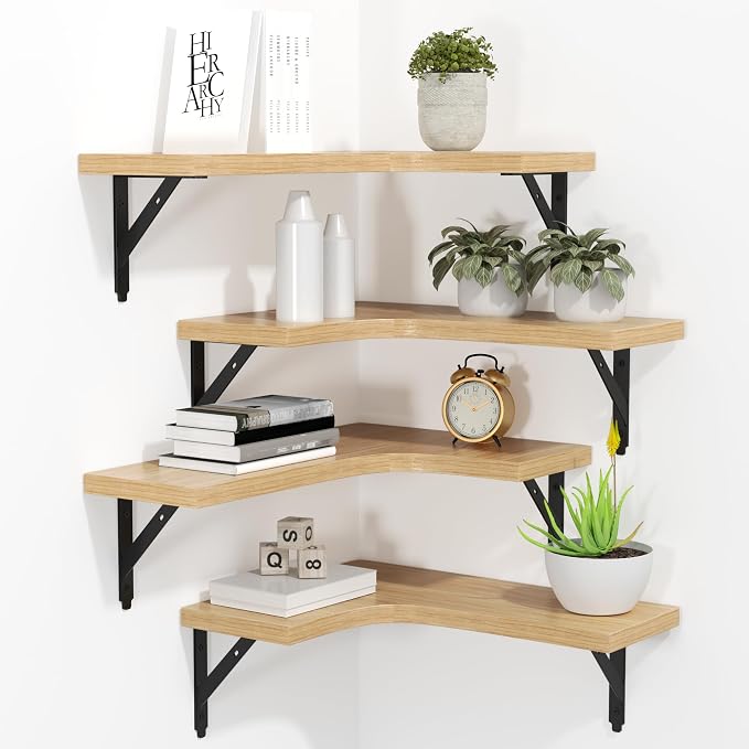 ROMGUAR CRAFT Corner Floating Shelves Wall Mounted Set of 4, Rustic Wood Storage Display Shelves for Home Decor, Bathroom, Kitchen, Bedroom, Living Room, Office (Natural) by ROMGUAR+CRAFT