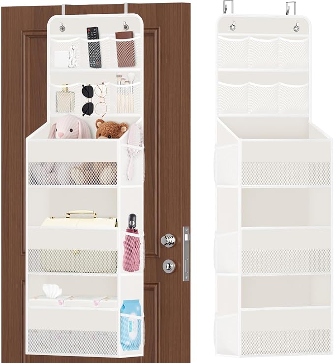 SpaceHacks 5-Tier Over the Door Organizer with Mesh Pockets, Baby Nursery Storage for Closet, Bathroom and Bedroom, Adjustable Hanging Closet Organizer for Cosmetics, Books and Essentials (Beige) by SpaceHacks