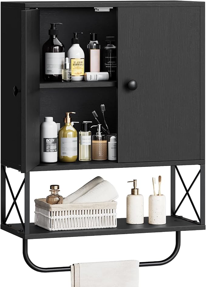 MAHANCRIS Bathroom Wall Cabinet with 2 Door and Adjustable Shelf, Farmhouse Medicine Cabinet with Towel Rack, 3-Tier Wall Mounted Storage Cabinet Over The Toilet for Bathroom, 18.9" L, Black by MAHANCRIS
