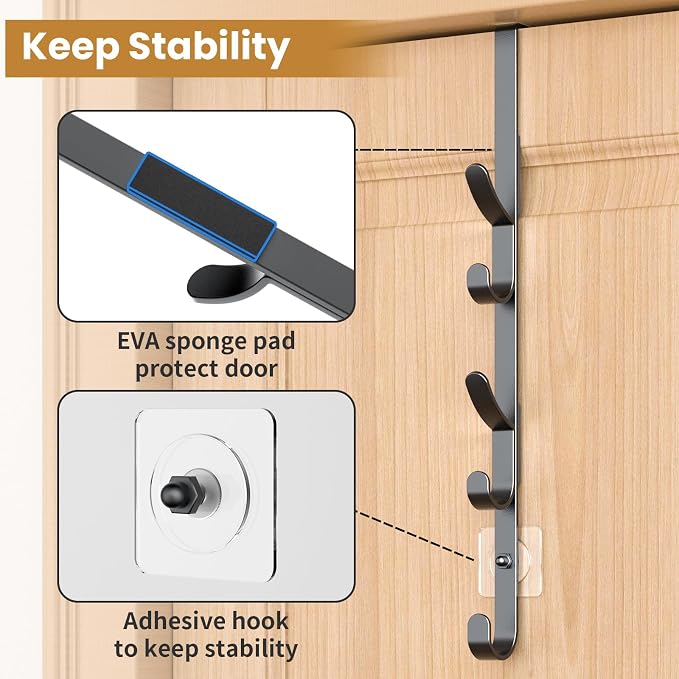 Kaiferty Over the Door Hooks, Metal Door Hooks for Hanging, Over the Door Purse Organizer for Coat Hanger, Back of Shower Door for Hanging Towel Rack Clothes, Hat, Bathroom, Closet (Black-3Packs) - Image 5