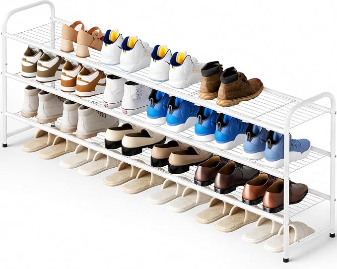 KEETDY 3-Tier Long Shoe Rack for Closet Metal Shoe Organizer for Entryway, Wide Stackable Shoe Storage Shelf with Sturdy Wire Grid for Closet Floor, Bedroom, White by KEETDY