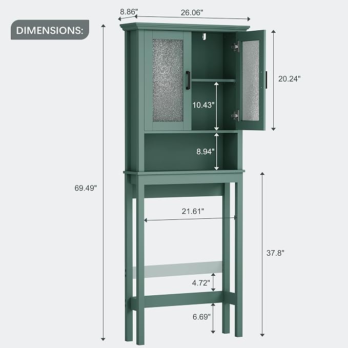 Over The Toilet Storage Cabinet, Over Toilet Bathroom Organizer with Glass Doors and Adjustable Shelf, Thicken Frame Above Toilet Storage Cabinet Behind Toilet Bathroom Organizer, Halcyon Green - Image 2