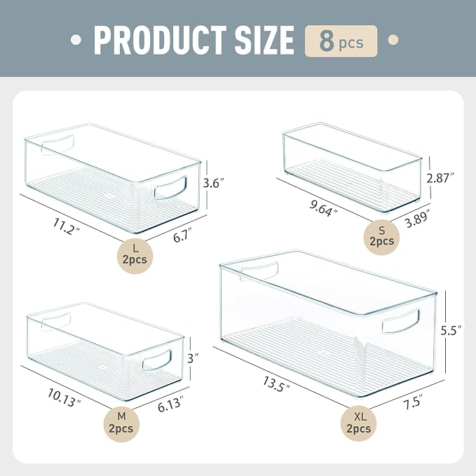 Heyuzb 8 PACK Freezer Organizer Bins Fridge Organizers and Storage Stackable Refrigerator Organizers Bins with Side Handles Clear Storage Bins for Pantry, Under Sink, Kitchen Cabinet - Image 3
