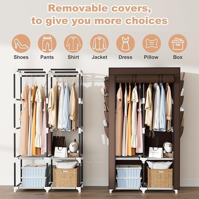 Portable Closet for Hanging Clothes, Portable Wardrobe Closet with Cover, 4 Storage Shelves, 2 Hanging Rods and 8 Side Pockets Easy Assembly and Sturdy Free Standing Closet for Bedroom Brown - Image 6