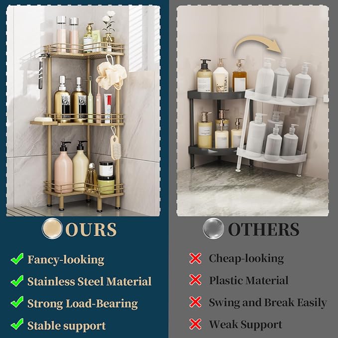 Consumest Corner Shower Caddy Standing - 3-Tier Stainless Steel Shower Organizer with Soap Holder and 4 Hooks, Large Capacity Corner Shelf Stand for Bathroom, Rest Room, Gold - Image 2
