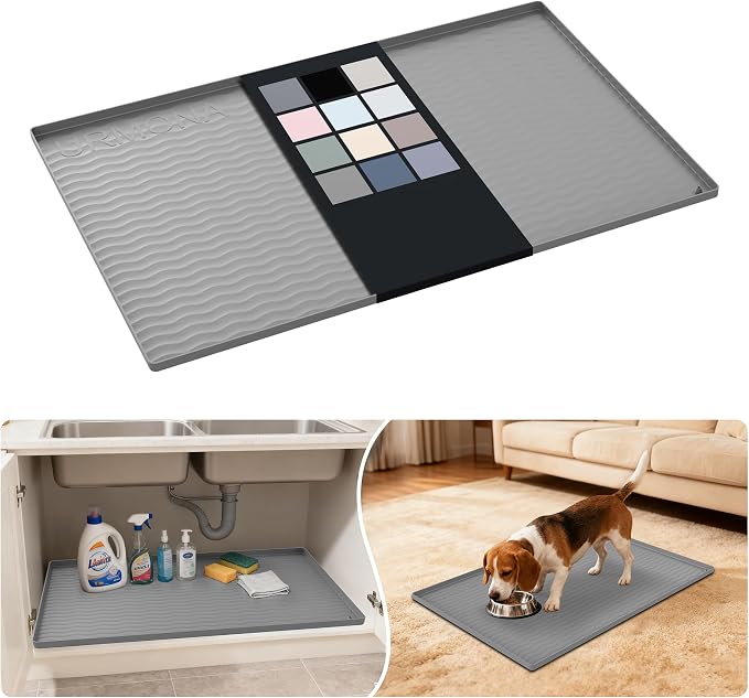URMONA Waterproof Silicone Under Sink Mat 34'' x 22'' Shelf Liner for Kitchen and Bathroom, Cabinet and Counter Protector, Storage and Organizers, Litter Mat, Pet Cat Puppy Essentials(Beige) by URMONA
