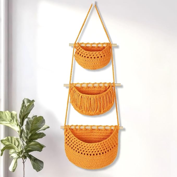 Boho Style Handwoven Rope Hanging Basket - 3-Tier Detachable Storage Organizer for Kitchen/Bathroom/Entryway, 3 Included Heavy-Duty Hooks, 7 Color Options Available (Gold) by GLDFI