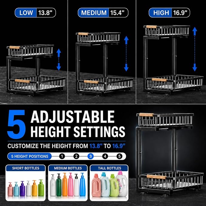 Under Sink Organizer 2 Pack, Double Slide Out Metal Shelf, Black - Image 9