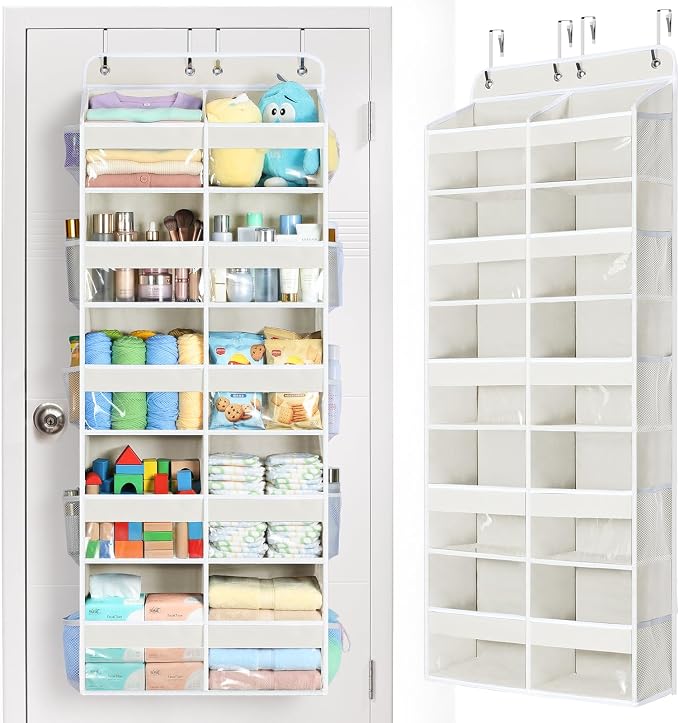 Yecaye Over The Door Organizer, 5 Tier Extra Large Behind Door Storage of 10 Compartments, 80lbs Heavy Duty Door Organizer Hanging with Clear Window for Closet Bedroom Pantry Bathroom, Beige by Yecaye