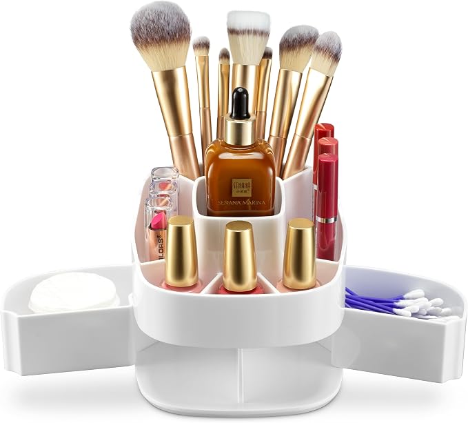 Masirs Small 360 Rotating Makeup Organizer, 5 Compartments, Square White by Masirs