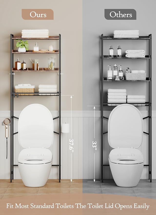 Quikraen 4 Tier Over The Toilet Storage Shelf with 3 Adjustable Shelves, Space Saver Bathroom Organizer with 4 Hooks, Freestanding Above Toilet Rack for Restroom Laundry (Brown) - Image 5