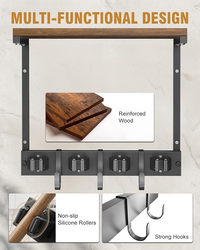 Supforce Small Broom Holder Wall Mount with Shelf, 4 Slots 3 Hooks - Image 8