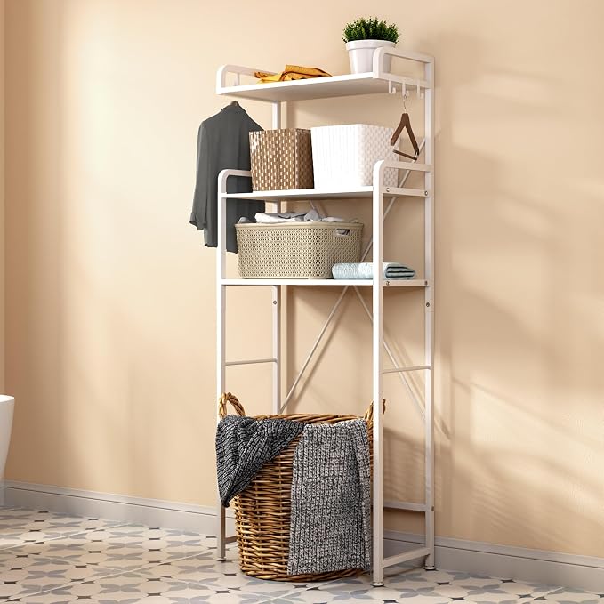 Huhote Over The Toilet Storage Rack with 3-Tier Bathroom Shelves, Space Saver Toilet Shelf, Bathroom Storage Organizer with Hooks for Over Toilet Storage and Shelf (White) - Image 7